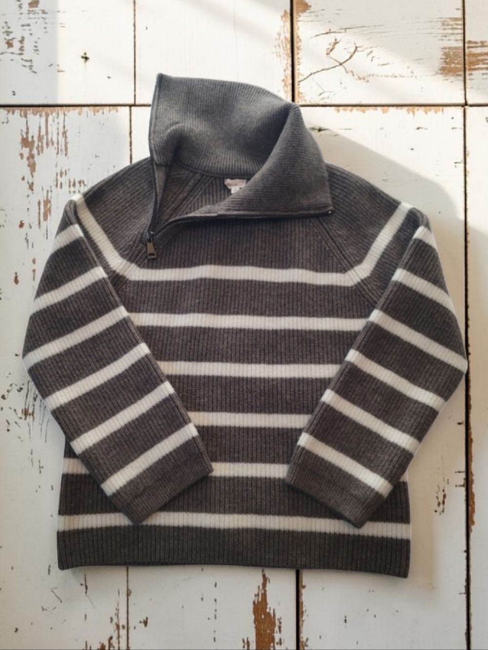 Hem & Thread Striped Quarter Zip Sweater Khaki & Cream Mock Neck Small Like New